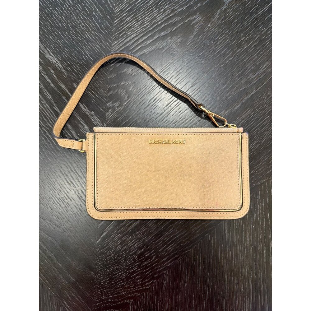 Michael Kors Beige Leather Wristlet Wallet With Gold-Tone Hardware & Zip Closure